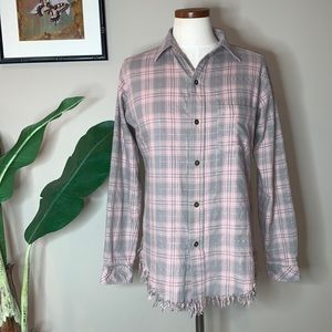 Current/Elliott Plaid Button Down Shirt, Pink & Gray w/ Fringe Bottom, Size 0